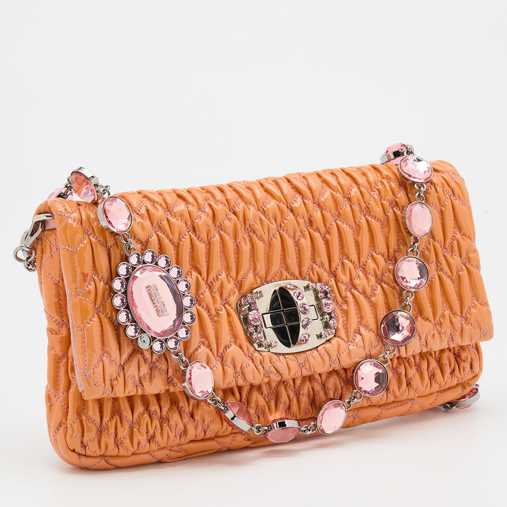 MIU MIU Tangerine Matelasse Leather Crystal Flap Shoulder Bag - Picture 3 of 8